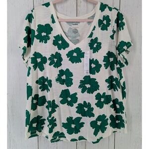 Sonoma Size XXL‎ Green White Floral V Neck Everyday Tee Short Sleeve Top NWT